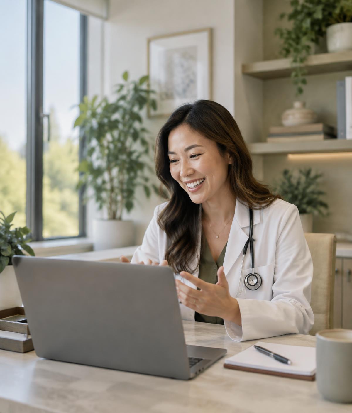 Asian American physician conducting a video consultation