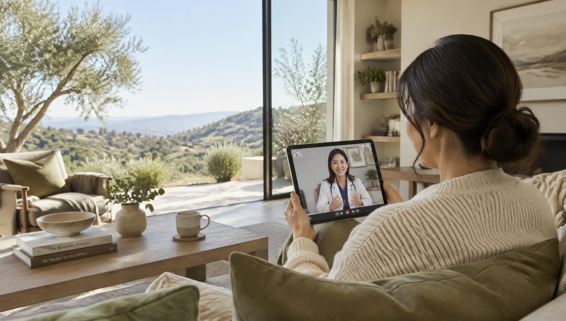 Asian American woman on a video consultation with her physician at home