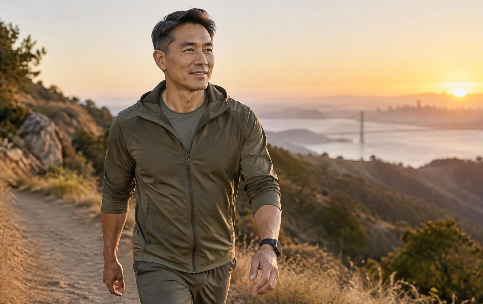 Asian American man walking a Bay Area hillside trail at sunrise