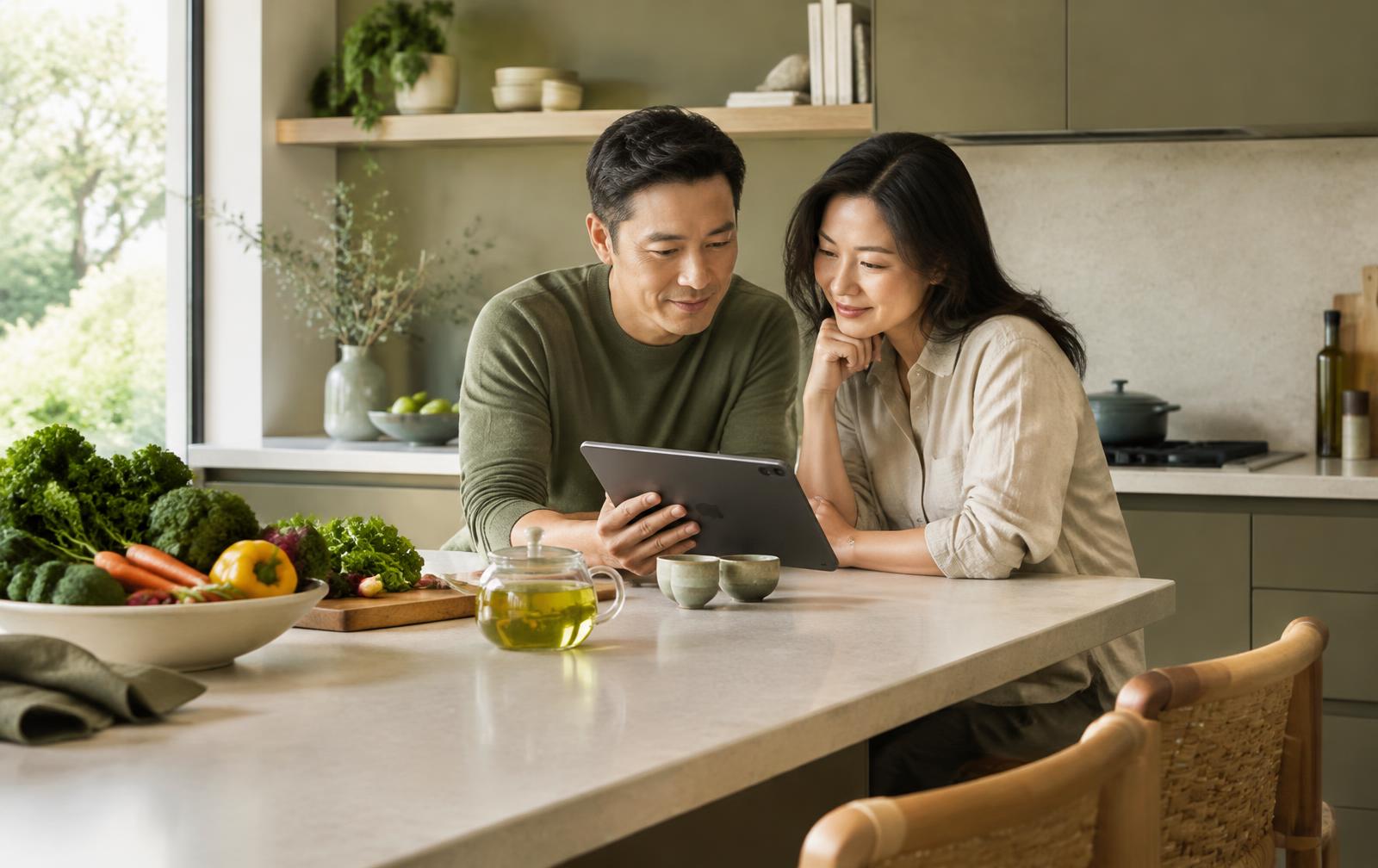 Asian American couple reviewing their health membership together